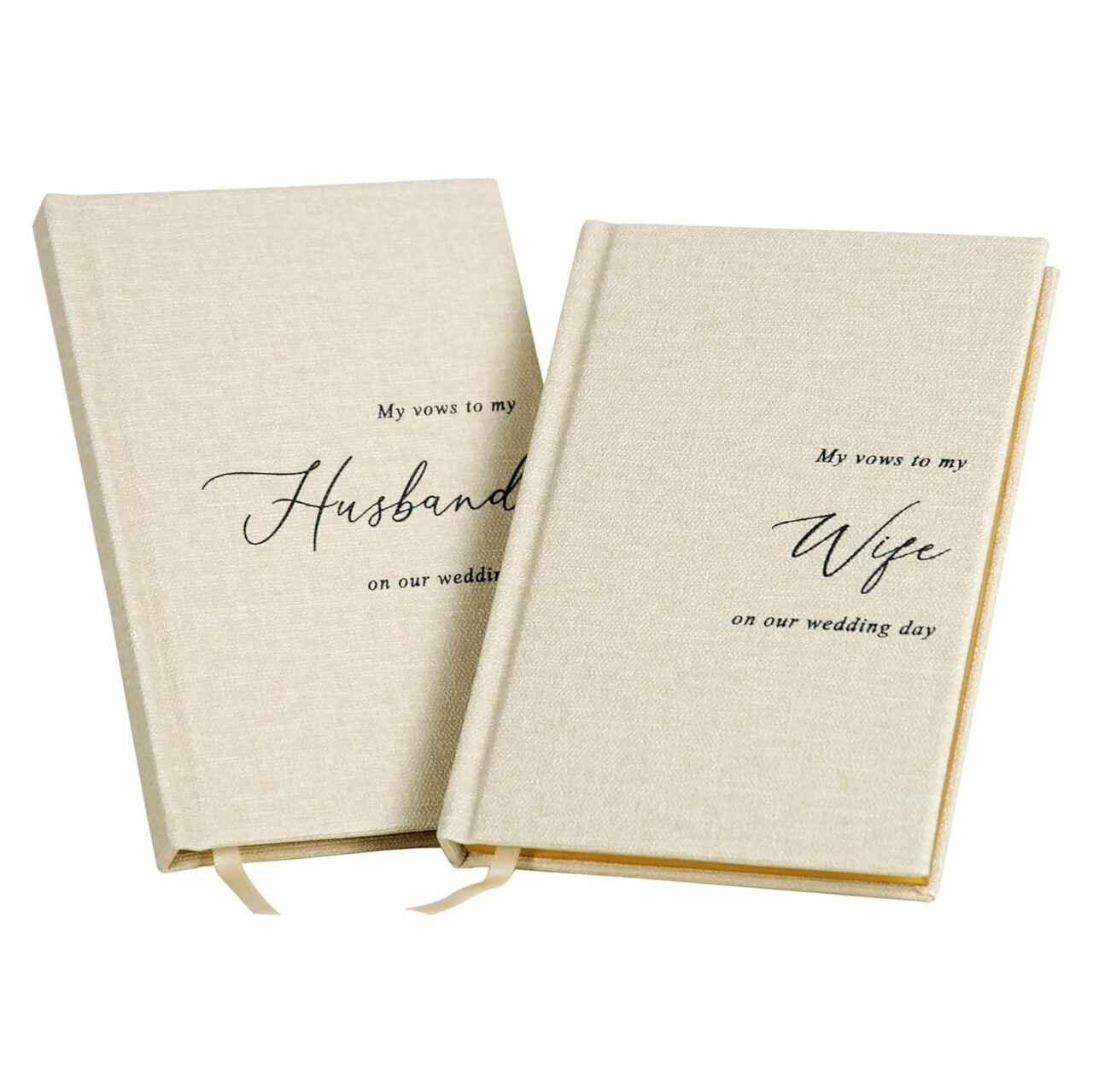 Hard Cover Vow Books (Set of 2) - Cream Canvas Linen Foil Embossed Wedding Ceremony Vow Renewal Speech Books, Couple Gifts for Engagement (To My Husband/Wife)